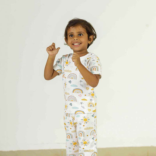 Rainbow & Clouds Print, Unisex Pyjamas Set