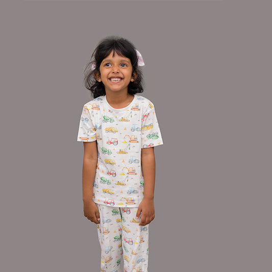 Colorful Builder Vehicles Print, Unisex Pyjamas Set