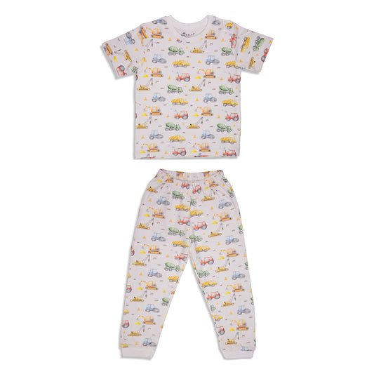 Colorful Builder Vehicles Print, Unisex Pyjamas Set